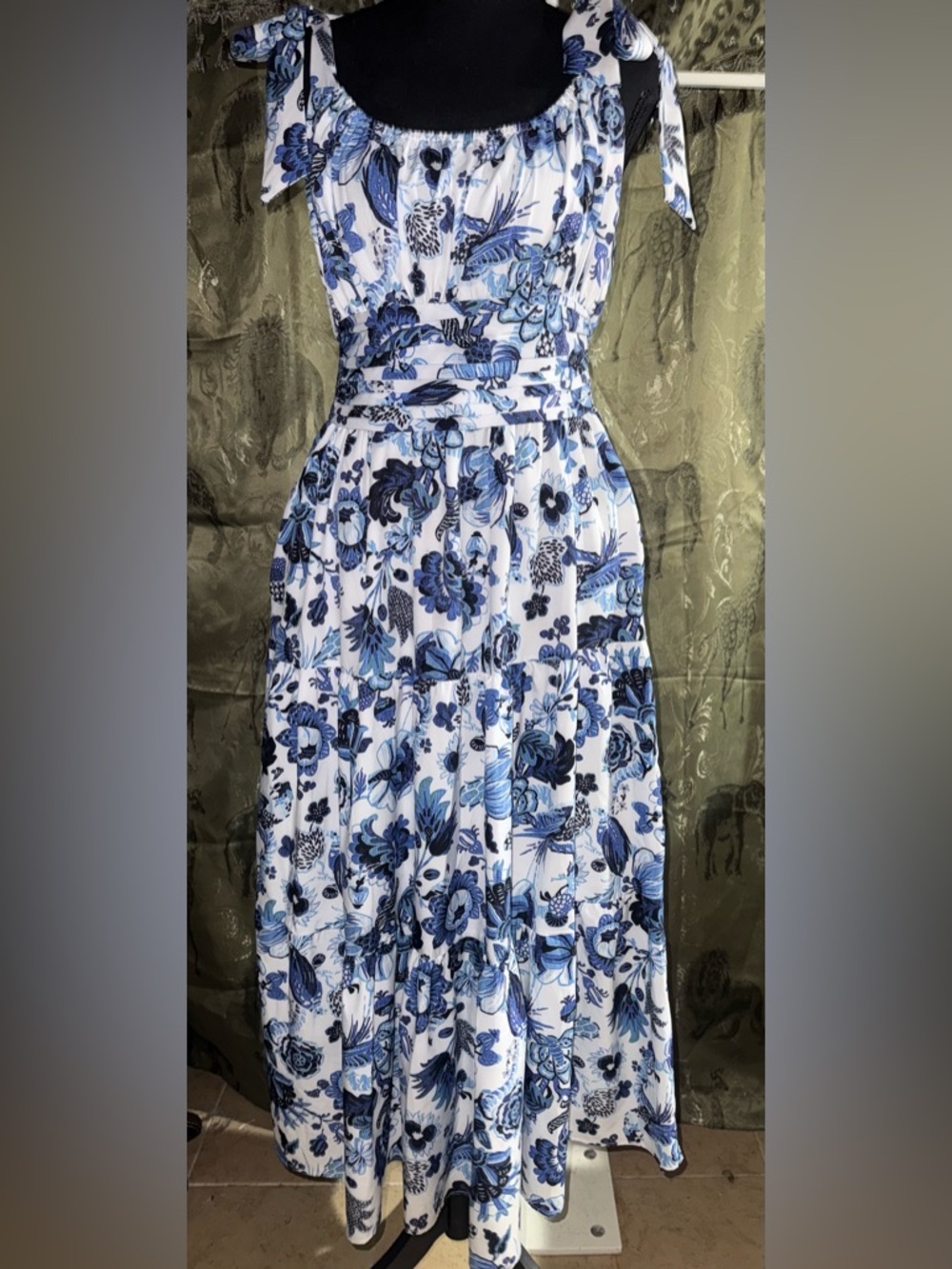 White Maxi dress with Blue Floral Print and Tie-Strap Shoulders